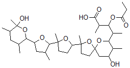 CAS 登录号：102674-88-4， 4-[9-羟基-2-[5-[5-(6-羟基-3,5,6-三甲基四氢吡喃-2-基)-3-甲基四氢呋喃-2-基]-5-甲基四氢呋喃-2-基]-2,8-二甲基-1,6-二氧杂螺[4.5]癸烷-7-基]-2-甲基-3-丙酰氧基戊酸