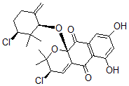 CAS 登录号：103106-21-4， (3R,10aR)-3-氯-10a-[(1R,3S)-3-氯-2,2-二甲基-6-亚甲基环己基]氧基-6,8-二羟基-2,2-二甲基-3H-苯并[g]苯并吡喃-5,10-二酮