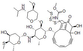 CAS 登录号：107453-55-4， N-[(2S,5Z,10S,13E)-9,10-二羟基-2-[(2R,3R,4S,5S,6R)-4-羟基-5-[[(2S,4S,5S,6R)-4-羟基-6-甲基-5-甲硫基-四氢吡喃-2-基]氧基氨基]-3-[(2S,4S,5S)-4-甲氧基-5-(丙-2-基氨基)四氢吡喃-2-基]氧基-6-甲基-四氢吡喃-2-基]氧基-13-(2-甲硫基二硫基乙基亚基)-11-氧代-12-双环[7.3.1]十三-1(12),5-二烯-3,7-二炔基]氨基甲酸甲酯