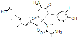 CAS 登录号：108675-63-4， (2S)-2-氨基-N-[(2S,5R,7E,9E,11R,13S)-2-氨基-5-甲酰基-13-羟基-4-(4-羟基-3-碘苯基)-7,9,11-三甲基-3,6-二氧代十四碳-7,9-二烯-5-基]-N-甲基丙酰胺
