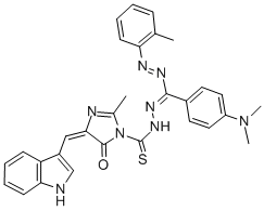 CAS 登录号：109901-88-4， (4E)-N-[C-(4-二甲基氨基苯基)-N-[(2-甲基苯基)氨基]亚氨甲酰]亚氨基-4-(1H-吲哚-3-基亚甲基)-2-甲基-5-氧代咪唑-1-硫代甲酰胺