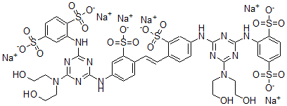 CAS#: 114456-70-1, 2,2'-(1,2-Ethenediyl)bis(5-((4-(bis(2-hydroxyethyl)amino)-6-((2,5-disulfophenyl)amino)-1,3,5-triazin-2-yl)amino)benzenesulfonic acid) hexasodium salt