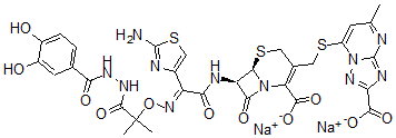 CAS 登录号：115761-49-4， 7-[[(6R,7R)-7-[[(2E)-2-(2-氨基-1,3-噻唑-4-基)-2-[1-[2-(3,4-二羟基苯甲酰)肼基]-2-甲基-1-氧代丙烷-2-基]氧基亚氨基乙酰基]氨基]-2-羧基-8-氧代-5-硫杂-1-氮杂双环[4.2.0]辛-2-烯-3-基]甲硫基]-5-甲基-[1,2,4]三唑并[1,5-a]嘧啶-2-羧酸二钠盐