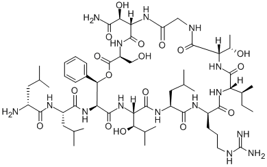 CAS 登录号：116340-02-4， N-[6-(2-氨基-1-羟基-2-氧代乙基)-15-丁烷-2-基-18-[3-(二氨基亚甲基氨基)丙基]-12-(1-羟基乙基)-3-(羟基甲基)-24-(1-羟基-2-甲基丙基)-21-(2-甲基丙基)-2,5,8,11,14,17,20,23,26-壬氧代-28-苯基-1-氧杂-4,7,10,13,16,19,22,25-八氮杂环二十八烷-27-基]-2-[(2-氨基-4-甲基戊酰基)氨基]-4-甲基戊烷酰胺
