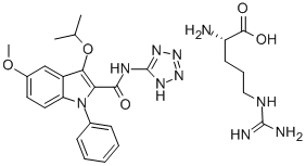 CAS 登录号：121530-58-3， L-精氨酸与5-甲氧基-3-(1-甲基乙氧基)-1-苯基-N-1H-四唑-5-基-1H-吲哚-2-甲酰胺的化合物(1:1)