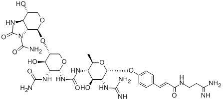 CAS 登录号：121634-35-3， 6-[6-[[6-[4-[(E)-3-[(3-氨基-3-亚氨基丙基)氨基]-3-氧代丙-1-烯基]苯氧基]-5-(二氨基亚甲基氨基)-4-羟基-2-甲基四氢吡喃-3-基]氨基甲酰氨基]-5-(氨基甲酰氨基)-4-羟基四氢吡喃-3-基]氧基-7-羟基-2-氧代-3,3A,5,6,7,7alpha-六氢吡喃并[2,3-d]咪唑-1-甲酰胺