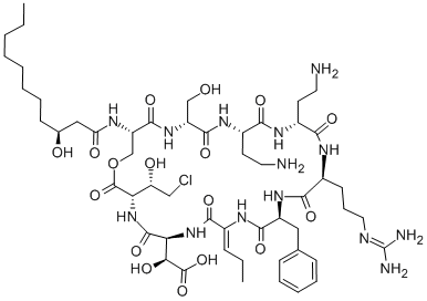 CAS 登录号：124888-22-8， 2-[(9Z)-18,21-二(2-氨基乙基)-3-(2-氯-1-羟基乙基)-15-[3-(二氨基亚甲基氨基)丙基]-24-(羟基甲基)-27-(3-羟基十一烷酰氨基)-2,5,8,11,14,17,20,23,26-壬氧代-12-(苯基甲基)-9-亚丙基-1-氧杂-4,7,10,13,16,19,22,25-八氮杂环二十八烷-6-基]-2-羟基乙酸