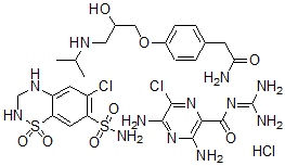 CAS 登录号：126294-31-3， 3,5-二氨基-N-(氨基亚胺甲基)-6-氯-吡嗪甲酰胺单盐酸盐与6-氯-3,4-二氢-2H-1,2,4-苯并噻二嗪-7-磺酰胺1,1-二氧化物和4-(2-羟基-3-((1-甲基乙基)氨基)丙氧基)苯乙酰胺的混合物