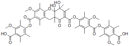 CAS#: 134892-23-2, 4-[7-[4-(4-Carboxy-3-Methoxy-2,5,6-Trimethylphenoxy)Carbonyl-3-Methoxy-2,5,6-Trimethylphenoxy]Carbonyl-5,10alpha-Dihydroxy-3-Methoxy-1,4,5,6,8alpha-Pentamethyl-8-Oxo9h-Xanthene-2-Carbonyl]Oxy-2-Methoxy-3,5,6-Trimethylbenzoic Acid