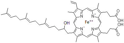 CAS 登录号：137397-56-9， [3,3'-{8-[(4E,8E)-1-羟基-5,9,13-三甲基-4,8,12-十四碳三烯-1-基]-3,7,12,17-四甲基-13-乙烯基-2,18-卟啉二基-kappa<sup>2</sup>N<sup>21</sup>,N<sup>23</sup>}二丙酸基(2-)]铁