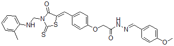 CAS 登录号：139207-41-3， N-[(4-甲氧基苯基)亚甲基氨基]-2-[4-[(E)-[3-[[(2-甲基苯基)氨基]甲基]-4-氧代-2-硫代-1,3-噻唑烷-5-亚基]甲基]苯氧基]乙酰胺