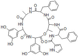 CAS 登录号：143728-97-6， N-[1-[[3,6-二(3,5-二羟基苯基)-9,16-二甲基-2,5,8,11,14-五氧代-12-(苯基甲基)-1-氧杂-4,7,10,13-四氮杂环十六烷-15-基]氨基]-1-氧代-3-苯基丙烷-2-基]-1H-吡咯-2-甲酰胺