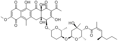 CAS 登录号：146663-67-4， [(2S,3R,4R,6S)-6-[(2R,3S,6S)-6-[[(1S,4aS,12aR)-3-乙酰基-4,4a,6,12a-四羟基-9-甲氧基-11-甲基-2,5,7,10-四氧代-1,12-二氢并四苯-1-基]氧基]-2-甲基四氢吡喃-3-基]氧基-4-羟基-2,4-二甲基四氢吡喃-3-基] (Z,4R)-2,4-二甲基庚-2-烯酸酯