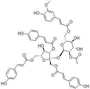 CAS 登录号：155179-22-9， [(2R,3S,4R,5R)-2-[(2R,3R,4S,5S,6R)-3-乙酰氧基-4,5-二羟基-6-[[(E)-3-(4-羟基-3-甲氧基苯基)丙-2-烯酰基]氧基甲基]四氢吡喃-2-基]氧基-4-羟基-2,5-二[[(E)-3-(4-羟基苯基)丙-2-烯酰基]氧基甲基]四氢呋喃-3-基](E)-3-(4-羟基苯基)丙-2-烯酸酯