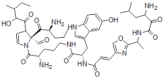 CAS#: 155547-93-6, 3-Amino-N-[1-[4-[(E)-3-[[(2S)-1-[[(4S)-4-Amino-5-[(2S)-2-[(2S)-2-Aminopentanoyl]-2-Formyl-3-(2-Hydroxy-3-Methylpentanoyl)-3H-Pyrrol-1-Yl]-5-Oxopentyl]Amino]-3-(5-Hydroxy-1H-Indol-3-Yl)-1-Oxopropan-2-Yl]Amino]-3-Oxoprop-1-Enyl]-1,3-Oxazol-2-Yl]Ethyl]-5-Methyl-2-Oxohexanamide
