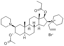 CAS 登录号：156137-99-4， [(2S,3S,5S,10S,13S,16S,17R)-3-乙酰氧基-10,13-二甲基-2-哌啶-1-基-16-(1-丙-2-烯基哌啶-1-鎓-1-基)-2,3,4,5,6,7,8,9,11,12,14,15,16,17-十四氢-1H-环戊二烯并[a]菲-17-基]丙酸酯溴化物