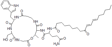 CAS 登录号：156223-08-4， N-[6-(羟基甲基)-9-(1H-吲哚-3-基甲基)-17-甲基-2,5,8,11,15-五氧代-1-氧杂-4,7,10,14-四氮杂环十七碳-16-基]-2-[[(10E,12E)-9-氧代十八碳-10,12-二烯酰基]氨基]戊烷二酰胺