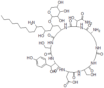 CAS 登录号：157184-36-6， 2-[25-氨基-22-(2-氨基-1-羟基-2-氧代乙基)-19-[6-氨基-4-羟基-2-(3,4,5-三羟基四氢吡喃-2-基)氧基十五烷基]-12-[羟基-(4-羟基苯基)甲基]-6,15-二(羟基甲基)-2,5,8,11,14,17,21,24-八氧代-1,4,7,10,13,16,20,23-八氮杂环二十七碳-9-基]乙酸