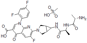CAS 登录号：157605-25-9， 7-[(1R,5S)-6-[[(2S)-2-[[(2S)-2-氨基丙烷酰基]氨基]丙酰]氨基]-3-氮杂双环[3.1.0]己烷-3-基]-1-(2,4-二氟苯基)-6-氟-4-氧代-1,8-萘啶-3-羧酸甲磺酸盐