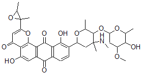 CAS 登录号：160219-87-4， 2-(2,3-二甲基环氧乙烷-2-基)-5,11-二羟基-10-[5-(5-羟基-4-甲氧基-6-甲基四氢吡喃-2-基)氧基-4,6-二甲基-4-甲基氨基四氢吡喃-2-基]萘并[2,3-h]苯并吡喃-4,7,12-三酮