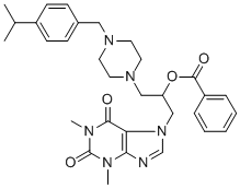 CAS 登录号：19977-12-9， [1-(1,3-二甲基-2,6-二氧代-嘌呤-7-基)-3-[4-[(4-丙-2-基苯基)甲基]哌嗪-1-基]丙-2-基]苯甲酸酯