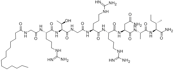 CAS 登录号:201422-03-9, N-(1-氧代十四烷基)甘氨酰-L-精氨酰-L-苏氨酰甘氨酰-L-精氨酰-L-精氨酰-L-天冬氨酰胺酰-L-丙氨酰-L-异亮氨酰胺