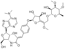 CAS 登录号：37305-78-5， (E)-3-[4-[(5Z)-3,4-二羟基-5-[2-(3-羟基-4,5-二甲氧基-6-甲基四氢吡喃-2-基)氧基-1-甲氧基乙基亚基]四氢呋喃-2-基]氧基苯基]-N-[5-(6-二甲基氨基嘌呤-9-基)-4-羟基-2-(羟基甲基)四氢呋喃-3-基]-2-甲基丙-2-烯酰胺