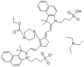 CAS 登录号：54849-69-3， 2-(2-(3-((1,3-二氢-1,1-二甲基-3-(3-磺基丙基)-2H-苯并(e)吲哚-2-亚基)乙亚基)-2-(4-(乙氧羰基)-1-哌嗪基)-1-环戊烯-1-基)乙烯基)-1,1-二甲基-3-(3-磺基丙基)-1H-苯并(e)吲哚鎓内盐 N,N-二乙基乙胺(1:1)