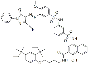 CAS 登录号：62592-60-3， N-[4-[2,4-二(1,1-二甲基丙基)苯氧基]丁基]-4-[[[3-[[[3-[(3-氰基-4,5-二氢-5-氧代-1-苯基-1H-吡唑-4-基)偶氮]-4-甲氧基苯基]磺酰基]氨基]苯基]磺酰基]氨基]-1-羟基-2-萘甲酰胺