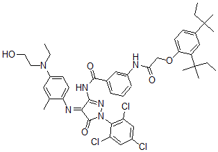 CAS 登录号：65749-37-3， 2-(2,4-二-叔-戊基苯氧基)-3'-[[1-(2,4,6-三氯苯基)-4-[[4-[乙基(2-羟基乙基)氨基]-2-甲基苯基]亚氨基]-5-氧代-2-吡唑啉-3-基]氨基甲酰]乙酰苯胺