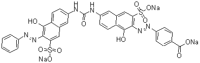 CAS 登录号：6598-63-6， 4-[2-[1-羟基-6-[[[[5-羟基-6-(2-苯基偶氮)-7-磺基-2-萘基]氨基]羰基]氨基]-3-磺基-2-萘基]偶氮]-苯甲酸钠盐(1:3)