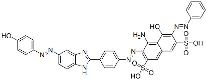 CAS 登录号：67846-55-3， 4-氨基-5-羟基-3-[[4-[5-[(4-羟基苯基)偶氮]-1H-苯并咪唑-2-基]苯基]偶氮]-6-(苯基偶氮)萘-2,7-二磺酸