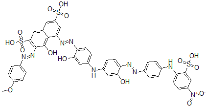 CAS 登录号：68134-21-4， 4-羟基-5-((2-羟基-4-((3-羟基-4-((4-((4-硝基-2-磺基苯基)氨基)苯基)偶氮)苯基)氨基)苯基)偶氮)-3-((4-甲氧基苯基)偶氮)-2,7-萘二磺酸