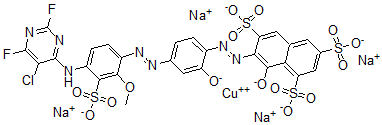 CAS 登录号：68239-54-3， [7-[[4-[[5-[(5-氯-2,6-二氟-4-嘧啶基)氨基]-2-甲氧基-3-磺基苯基]偶氮]-2-羟基苯基]偶氮]-8-羟基-1,3,6-萘三磺酸]-铜酸盐四钠