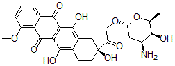 CAS 登录号:69804-35-9, (R)-8-(((3-氨基-2,3,6-三脱氧-alpha-L-来苏-己糖吡喃糖苷)氧基)乙酰基)-7,8,9,10-四氢-6,8,11-三羟基-1-甲氧基-5,12-并四苯醌