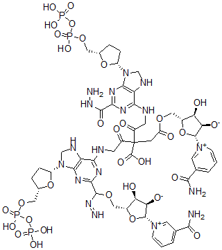 CAS 登录号：69861-86-5， 己二酸, 二(2-(((9-(5-O-(羟基(膦酰氧基)亚膦酰)-beta-D-呋喃核糖基)-9H-嘌呤-6-基)氨基)乙酰基)酰肼), P'-5',P'''-5'''-二酯与 3-(氨基羰基)-1-beta-D-呋喃核糖基吡啶鎓氢氧化物, 二(内盐)