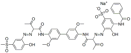CAS#: 70210-32-1, Sodium 3-Benzamido-4-Hydroxy-5-[[1-[[4'-[[2-[[2-Hydroxy-5-(Methylsulphonyl)Phenyl]Azo]-1,3-Dioxobutyl]Amino]-3,3'-Dimethoxy[1,1'-Biphenyl]-4-Yl]Carbamoyl]-2-Oxopropyl]Azo]Benzenesulphonate