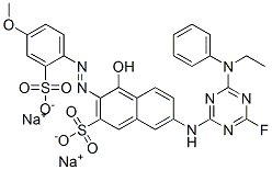 CAS 登录号：70833-38-4， 二钠7-[[4-(乙基苯基氨基)-6-氟-1,3,5-三嗪-2-基]氨基]-4-羟基-3-[(4-甲氧基-2-磺酸基苯基)偶氮]萘-2-磺酸盐