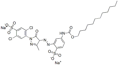 CAS 登录号：71873-51-3， 2,5-二氯-4-[4-[2-[5-[[(十二烷氧基)羰基]氨基]-2-磺基苯基]偶氮]-4,5-二氢-3-甲基-5-氧代-1H-吡唑-1-基]-苯磺酸钠盐(1:2)