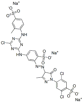 CAS 登录号：72829-26-6， 2,5-二氯-4-[4-[5-[[4-氯-6-[(2-甲基-4-磺酸苯基)氨基]-1,3,5-三嗪-2-基]氨基]-2-磺酸苯基]偶氮-3-甲基-5-氧代-4H-吡唑-1-基]苯磺酸三钠