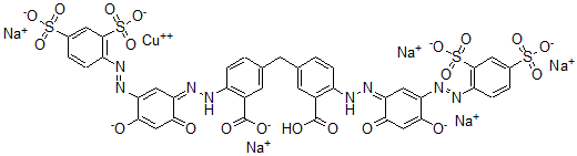 CAS 登录号：73297-25-3， 5-[[3-羧基-4-[(2Z)-2-[3-(2,4-二磺酸苯基)偶氮-4-氧代-6-氧代-1-环己-2,4-二烯亚基]肼基]苯基]甲基]-2-[(2E)-2-[3-(2,4-二磺酸苯基)偶氮-4-羟基-6-氧代-1-环己-2,4-二烯亚基]肼基]苯甲酸铜五钠