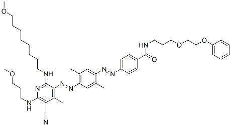 CAS#: 73398-97-7, 4-[[4-[[5-Cyano-2-[(8-Methoxyoctyl)Amino]-6-[(3-Methoxypropyl)Amino]-4-Methyl-3-Pyridinyl]Azo]-2,5-Dimethylphenyl]Azo]-N-[3-(2-Phenoxyethoxy)Propyl]Benzamide