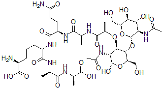 CAS 登录号：73715-37-4， (2S,6S)-6-[[(2R)-2-[[(2S)-2-[[(2R)-2-[(2S,3R,4R,5S,6R)-3-乙酰氨基-5-[(2S,3R,4R,5S,6R)-3-乙酰氨基-4,5-二羟基-6-(羟基甲基)四氢吡喃-2-基]氧基-2-羟基-6-(羟基甲基)四氢吡喃-4-基]氧基丙酰]氨基]丙酰]氨基]-5-氨基-5-氧代戊酰]氨基]-2-氨基-7-[[(2R)-1-[[(2R)-1-羟基-1-氧代丙烷-2-基]氨基]-1-氧代丙烷-2-基]氨基]-7-氧代庚酸
