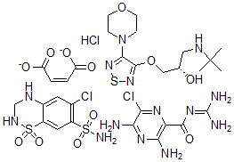 CAS 登录号：73788-01-9， (Z)-丁-2-烯二酸酯; (2S)-1-(叔丁基氨基)-3-[(4-吗啉-4-基-1,2,5-噻二唑-3-基)氧基]丙-2-醇; 6-氯-1,1-二氧代-3,4-二氢-2H-苯并[e][1,2,4]噻二嗪-7-磺酰胺; 3,5-二氨基-6-氯-N-(二氨基亚甲基)吡嗪-2-甲酰胺; 盐酸盐