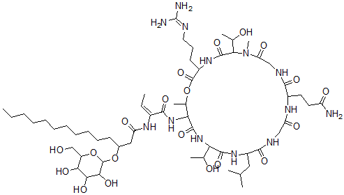 CAS#: 74188-23-1, N-[(E)-1-[[12-(3-Amino-3-Oxopropyl)-3-[3-(Diaminomethylideneamino)Propyl]-6,21-Bis(1-Hydroxyethyl)-7,25-Dimethyl-18-(2-Methylpropyl)-2,5,8,11,14,17,20,23-Octaoxo-1-Oxa-4,7,10,13,16,19,22-Heptazacyclopentacos-24-Yl]Amino]-1-Oxobut-2-En-2-Yl]-3-[3,4,5-Trihydroxy-6-(Hydroxymethyl)Oxan-2-Yl]Oxytetradecanamide