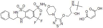 CAS#: 74335-22-1, 3,4-dihydro-3-(phenylmethyl)-6-(trifluoromethyl)-2H-1,2,4-Benzothiadiazine-7-sulfonamide 1,1-dioxide, mixt. with (S)-1-((1,1-dimethylethyl)amino)-3-((4-(4-morpholinyl)-1,2,5-thiadiazol-3-yl)oxy)-2-propanol (Z)-2-butenedioate