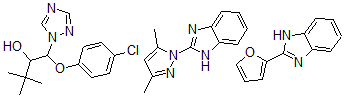 CAS 登录号：74725-94-3， beta-(4-氯苯氧基)-alpha-(1,1-二甲基乙基)-1H-1,2,4-三唑-1-乙醇与 2-(3,5-二甲基-1H-吡唑-1-基)-1H-苯并咪唑和 2-(2-呋喃基)-1H-苯并咪唑的混合物