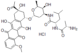 CAS 登录号：74853-81-9， (2S)-N-[(2S,3S,4S,6R)-6-[[(1S,3S)-3-乙酰基-3,5,12-三羟基-10-甲氧基-6,11-二氧代-2,4-二氢-1H-并四苯-1-基]氧基]-3-羟基-2-甲基四氢吡喃-4-基]-2-[[(2S)-2-氨基丙烷酰基]氨基]-4-甲基戊烷酰胺盐酸盐