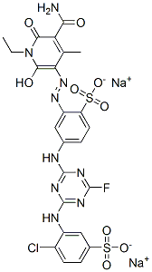 CAS 登录号：75268-65-4， 2-[(2Z)-2-(5-氨基甲酰-1-乙基-4-甲基-2,6-二氧代吡啶-3-亚基)肼基]-4-[[4-[(2-氯-5-磺酸苯基)氨基]-6-氟-1,3,5-三嗪-2-基]氨基]苯磺酸二钠