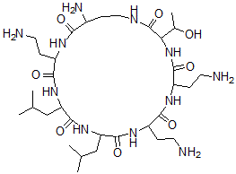 CAS 登录号：75748-25-3， 21-氨基-6,9,18-三(2-氨基乙基)-3-(1-羟基乙基)-12,15-二(2-甲基丙基)-1,4,7,10,13,16,19-七氮杂环二十三烷-2,5,8,11,14,17,20-七酮
